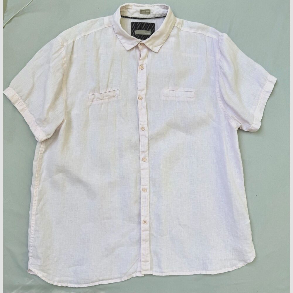 Bruno Mens Large Pure Linen Short Sleeve Button Up Shirt Pink Untucked